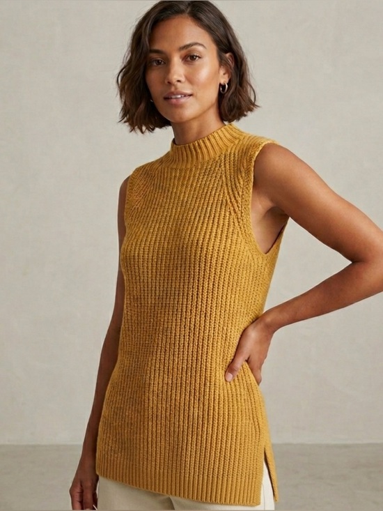 Artisan Ny Sweaters - Artisan NY Mustard Yellow Ribbed Knit Mock Neck Sleeveless Tunic Top XSmall